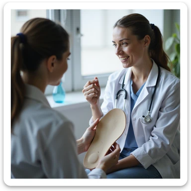 realistic 4K woman consulting orthopedist, showing insole and explaining postural problems, professional medical environment sticker