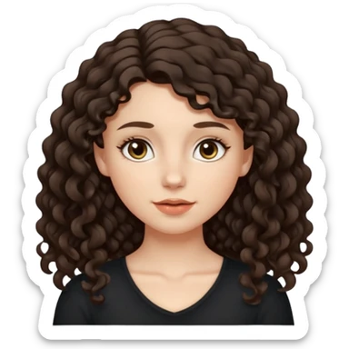 Aesthetic white girl with long curly hair color dark brown (almost black, but more brownish), hair most be in front of the shoulders. Big almond shape eyes color brown, small wide nose, natural lips, sweet expression. Dressed with a cute tight top color black. sticker