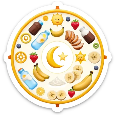 Magical daily routine wheel: water bottle, sun, chicken and rice, banana and shake, dumbbell, yogurt, chocolate and fruits, and moon symbol arranged in a wheel pattern with glowing connections between each element sticker