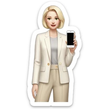 pale skin woman with ash blonde Straightened bob Hair, White Spacious classical jacket, beige palazzo Arrow pants and gray blouse holding white IPhone 14 pro in the hands sticker