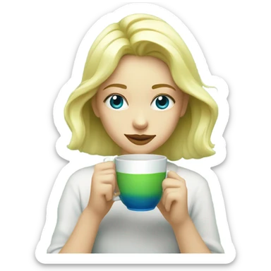 Blonde girl with blue eyes drinking matcha  sticker
