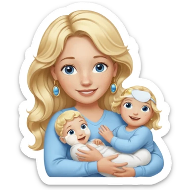 Wavy blonde, white woman with blue eyes, freckles hoop earrings, holding babies smiling and really cute in gold hoops she needs to be holding three newborns, and she needs to be more cute than pretty sticker