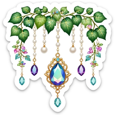 Exotic romantic Few cute tiny Iridescent glistening glossy sparkly shiny glittery hanging crystals pearls and beads and gemstones scenery scenic decorations with ivy and flowers sticker