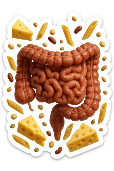 PEZZETTI DI EMMENTAL, PENNE DI PASTA RIGATE E LEGUMI FLUTTUANO INTORNO AD UN INTESTINO UMANO ANATOMICO REALISTICO, iperrealistico 4k sticker