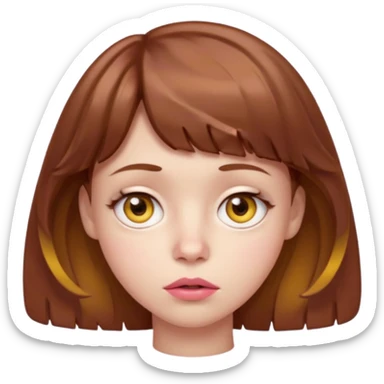 FAÇA UMA PERSONAGEM FOFA COM NARIZ DE BOLINHA AVERMELHADO CLARO E ZUMBI CABELO MARRON ONDULADO E FRANJA CURTA   COMO SE NÃO SOUBESSE OQ FEZ LÁBIOS CLAROS FECHADOS E OLHOS AMARELOS sticker