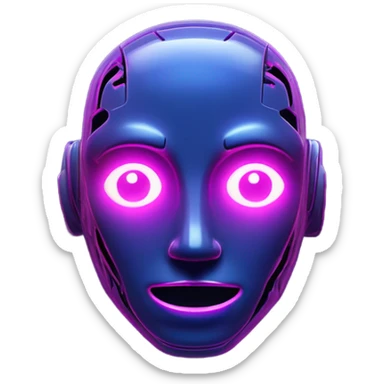A glossy robot face icon subtly pressed into a midnight-blue panel, lit by neon pink and purple rim lights that cast gentle neumorphic shadows. sticker