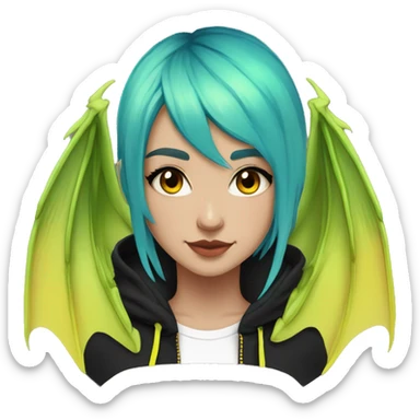 Lady with brunette and iridescent blue hair, gold, lime green dragon wings, black hoodie, bleach dyed, black and gold Nike t shirt, and bright red eyes sticker
