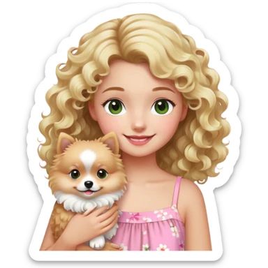 smiling girl with blonde curly hair and brown/Green eyes with a Sweet Blond Pomerania in a pink summer dress  sticker