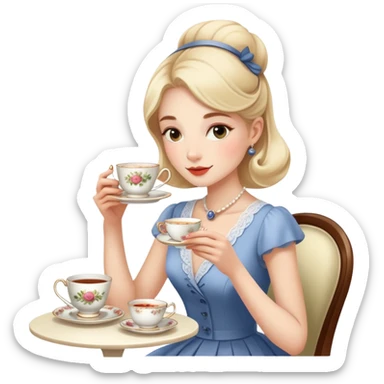 Elegant British girl drinking afternoon tea with scones and teacup, proper posture sticker