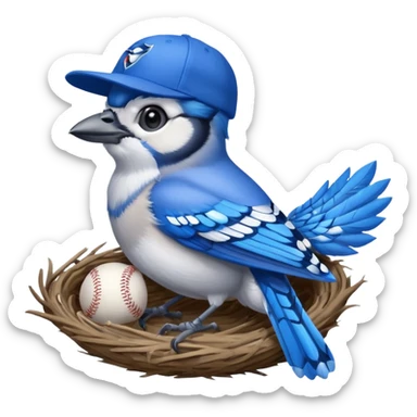 blue jay wearing blue jay baseball hat, standing in nest, holding trophy in left hand sticker