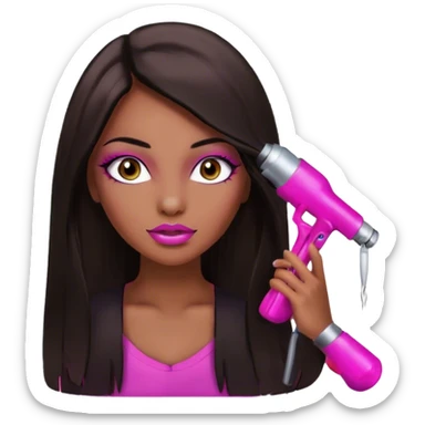 Glamours, dark tan skin tone, very beautiful girl, with big pump pink lips, long long lashes, black straight smooth silky long hair, straight parting hair, brown eyes sticker