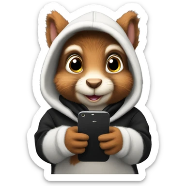 Realistic fluffy Squirrel in black hoodie holding an iPhone  sticker