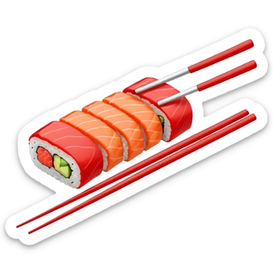Japanese cuisine humanless avatar in minimalist emoji-style illustration. Sushi, roll and 2 chopsticks, clean lines, red white colors, flat design, calm and modern. sticker