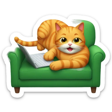 A happy orange cat lies on its back on a green sofa, holding a tablet. sticker