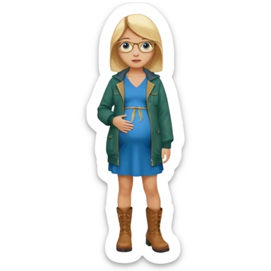 18 year-old pregnant between blonde and brown haired girl with golden glasses with blue eyes in a long bright blue dress and a dark green jacket over the dress and brown boots standing sassily sticker