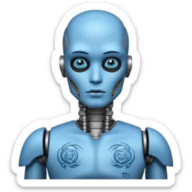 blue Tatooed robot, big many tatooes on chest, neck and face, tatoo on face sticker