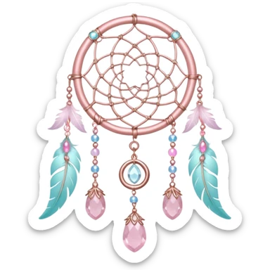 Rosy shiny glossy sparkly romantic pastel crescent damask moon with rose quartz pastel vines pastel gems pastel beads with feathers and chains  suncatcher-dreamcatcher sticker