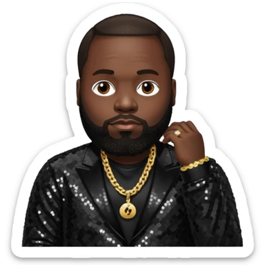 Rick Ross with dark brown hair, black sequin outfit sticker