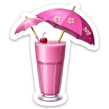 Hot pink smoothie with glitter, cherry blossom, and straw with umbrella sticker