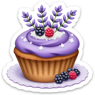 Lavender flower sprigs on a muffin with berries and sugar crystals sticker