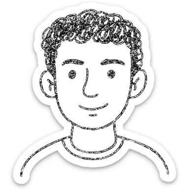 good looking young adult boy with brown curly hair and brown eyes, hand drawn outline icon sticker