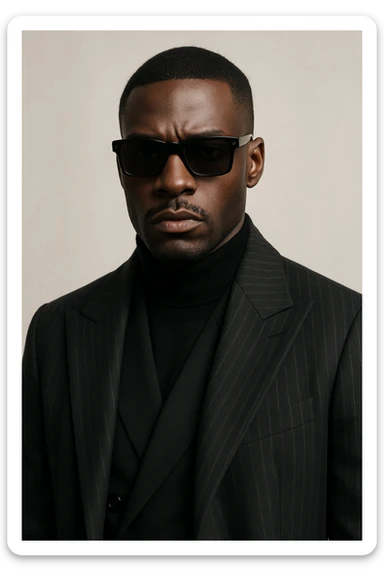 black man with sunglasses, serious expression, high fashion, neutral background sticker