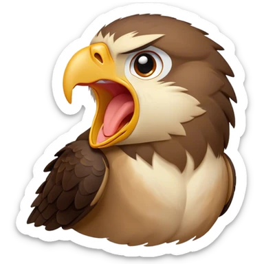 Cinematic Cute Yawning Hawk Portrait Emoji, Head tilted slightly with a dramatic, wide-open yawn, showcasing a robust, agile form with a softly drooping beak and sleepy, half-closed eyes, Simplified yet irresistibly adorable features, highly detailed, glowing with a soft, cozy glow, high shine, relaxed yet expressive, stylized with a dash of whimsical aerial charm, soft glowing outline, capturing the essence of a drowsy yet affectionate hawk that appears ready to stretch out for a nap! sticker