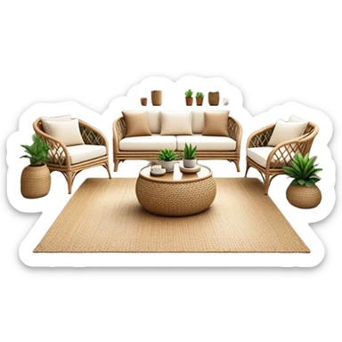 modern boho living room with many indoor plants, rattan furniture, white walls, and natural light sticker
