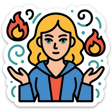 blonde woman with green eyes casting fireballs with magical energy swirling around her, color outline icon style sticker