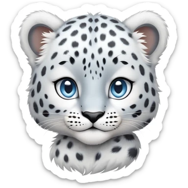 Cinematic-Noble-Snow-baby Leopard-Portrait-Emoji – Poised and majestic, with a muscular, agile build and a beautifully patterned coat of soft white and grey fur, marked with striking, deep-set, intelligent icy blue eyes, simplified yet sharp and sophisticated zoomed out showing the shoulders sticker