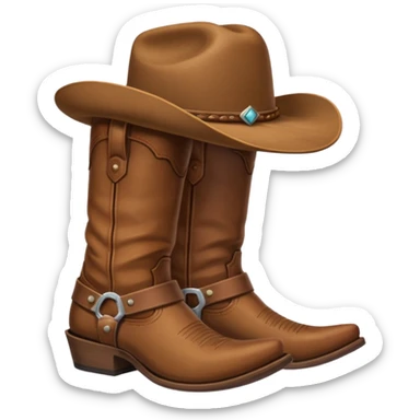 All brown classic cowboy boot pairs with one hat tilted resting on top of them sticker