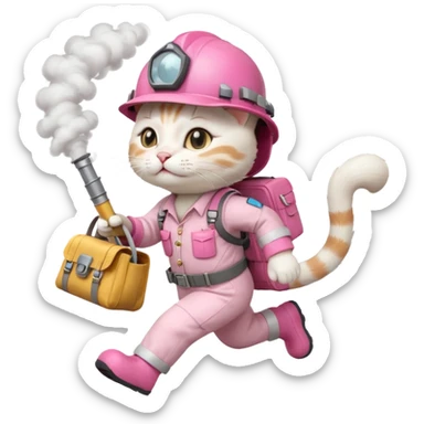 A cute white and pink cat dressed as engineer with a helmet running fast with smoke under her feets carrying her cute  bag sticker