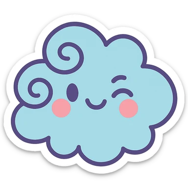 cute light blue cloud, soft swirls, winking face, soft pastel palette, no arms or legs, full body, soft pastel kawaii style sticker