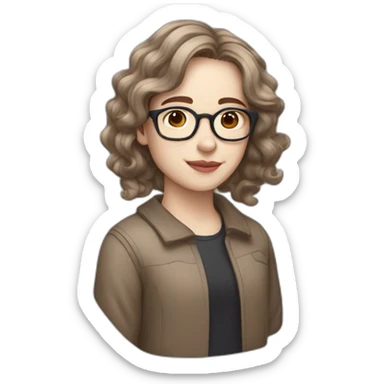 Non binary with pale skin long wavy brown hair glasses and a mole sticker