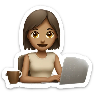 Half face of a girl at the laptop. A a cup of coffee on the left side of the table. Books on the right side. in beige tones sticker