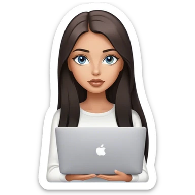 Glamours tanned very beautiful girl with pump peach beige lips and dark chocolate straight smooth long hair, blue-grey eyes with MacBook sticker