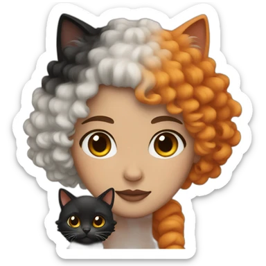 A white skin female with curly hair and a black, an orange and a beige cat sticker