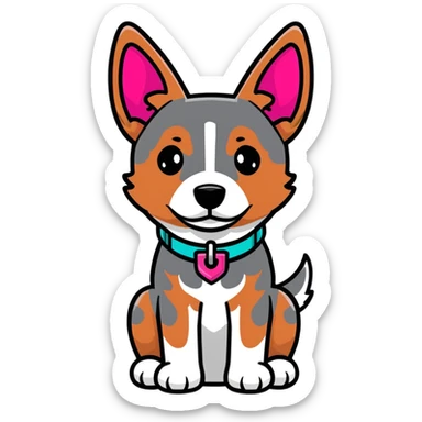 Red heeler cattle dog sitting down facing forward, with a bright pink collar sticker
