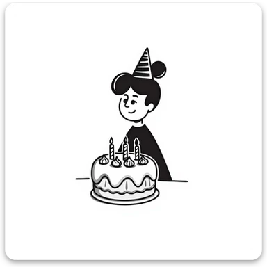 a girl wearing a birthday cap with a cake in front sticker