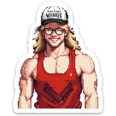 Man with black and white cap with VANOMAS text, bare torso, red shorts, clear glasses, messy light blond mullet hairstyle, smiling and flexing muscles sticker