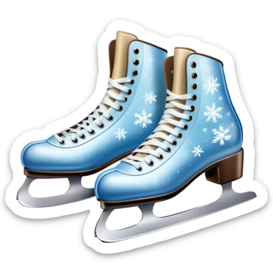 An icon showing In the background, twinkling lights, winter trees, and cheering spectators create a festive atmosphere. a pair of elegant ice skates gliding across a smooth, frozen rink with snowflakes in the air. Transparent background highlights the grace and charm of ice skating. sticker