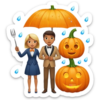 Make a guy hugging a giant pumpkin with a fork in his right hand while there's fire while there's a lady watching while it's raining while there's an umbrella on the ground that's alive and the sun has a bow tie on his neck sticker