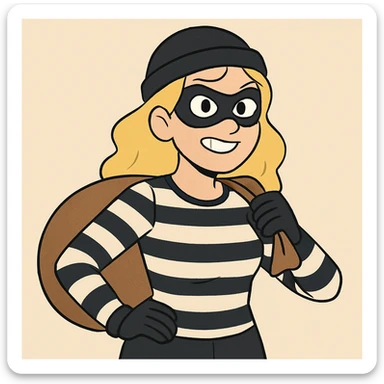 blonde woman dressed as a robber, wearing a black mask and striped shirt, cartoon style sticker