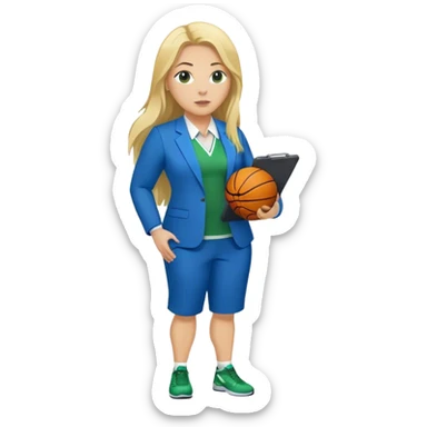 Full Body white plus size female basketball head coach using a clipboard with long blonde hair in a blue and green suit sticker