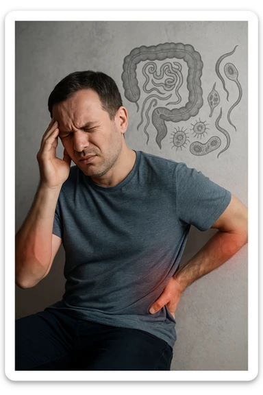 uomo che ignora i suoi un mal di testa, mal di schiena e dolore articolare e ignora ogni segnale e messaggio che il corpo manda per avvertirlo, ma alla fine dipendono tutto dai parassiti intestinali realistica sticker