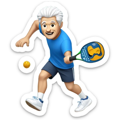 White middle aged man with salt and pepper hair with blue shorts and t shirt and white shoes playing pickleball  sticker