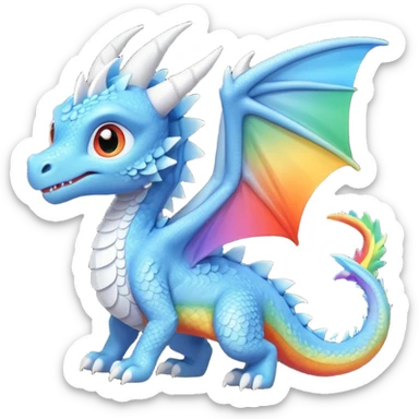 cute baby blue dragon with light blue body, big white wings, white horn, tail with white triangle tip, flying in side view, big eyes, small size, dragon ridge along back with small ridges in rainbow order: red, orange, yellow, green, blue, purple, ending at start of tail sticker