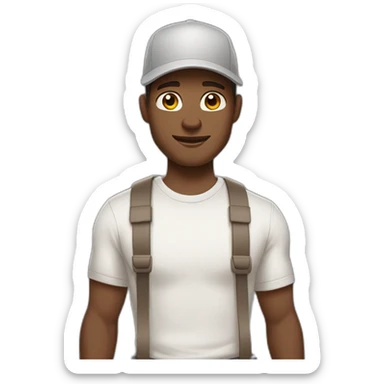 Pale skinned fit Man with dark brown hair in a light gray cap, dark brown jeans, brown polo and white T-shirt keeping a pasted with tape white box into his hands sticker