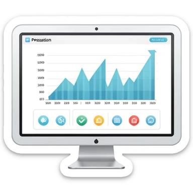 computer screen displaying a single presentation slide with a title line and chart icon sticker