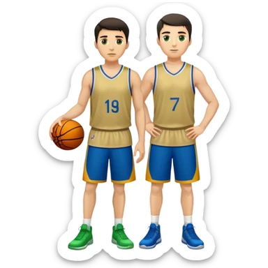 Full Body  white male basketball player with short dark hair gold t wearing blue and green unifrm sticker